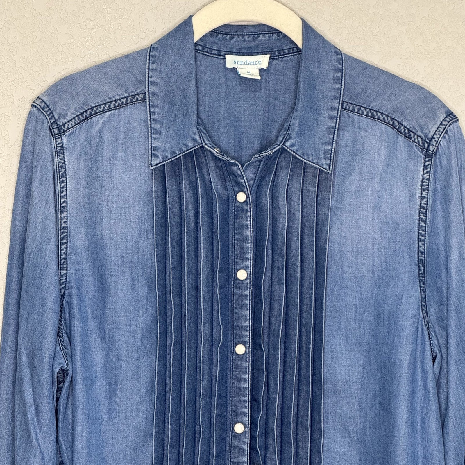 Sundance Tessa Shirt Medium Blue Pleated Front Tencel Chambray Button Down Top - Flair - Style
