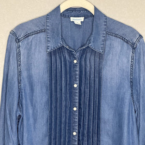 Sundance Tessa Shirt Medium Blue Pleated Front Tencel Chambray Button Down Top - Flair - Style