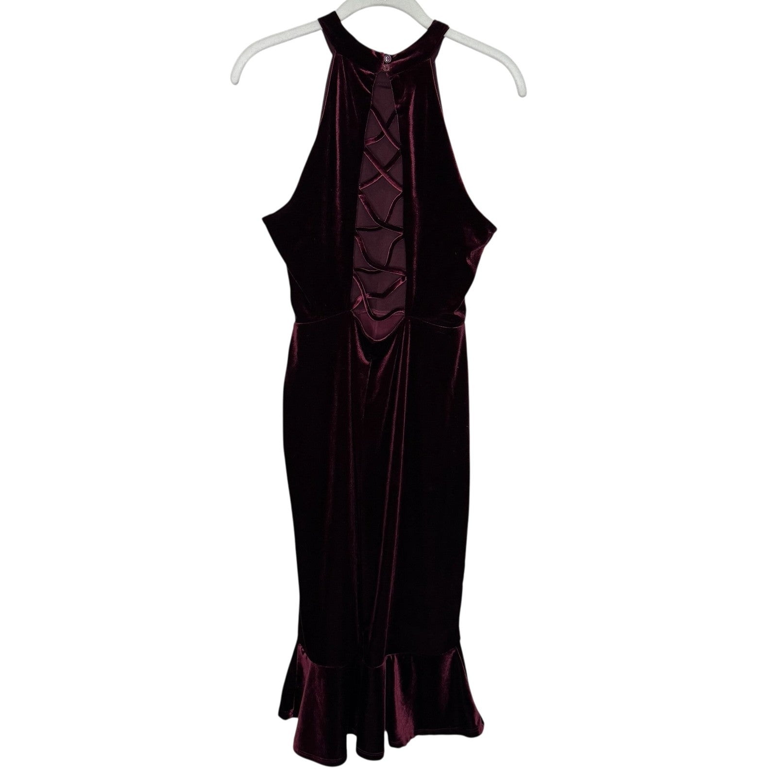 Superfoxx Dress Medium Burgundy Velvet Halter Ruffle Midi Party Evening Lace Up - Flair - Style