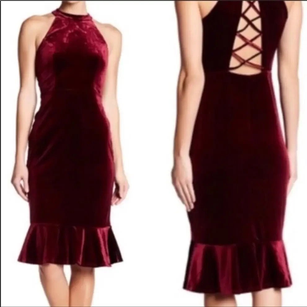 Superfoxx Dress Medium Burgundy Velvet Halter Ruffle Midi Party Evening Lace Up - Flair - Style