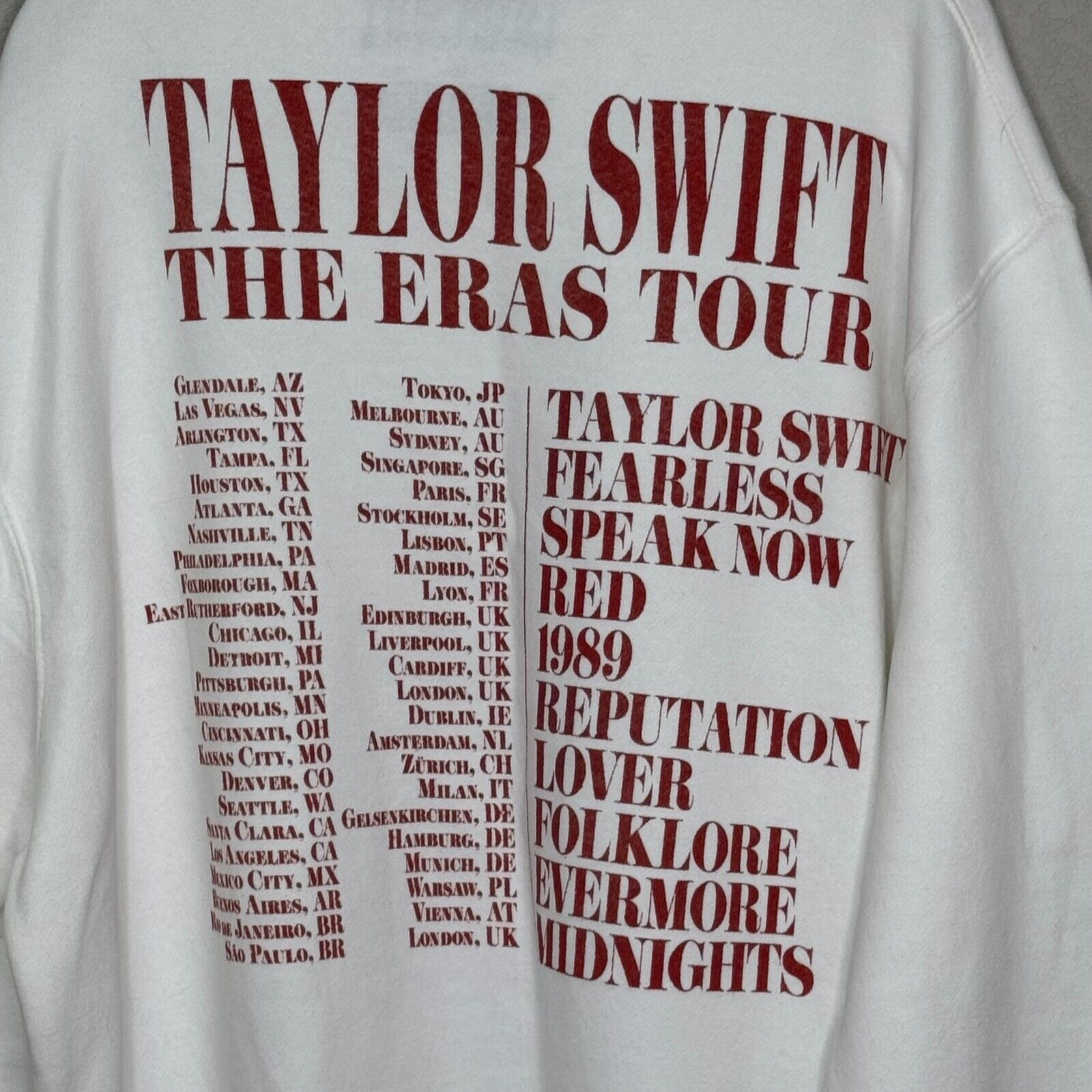 Taylor Swift Eras Tour Concert Sweatshirt Size XL White Red International - Flair - Style