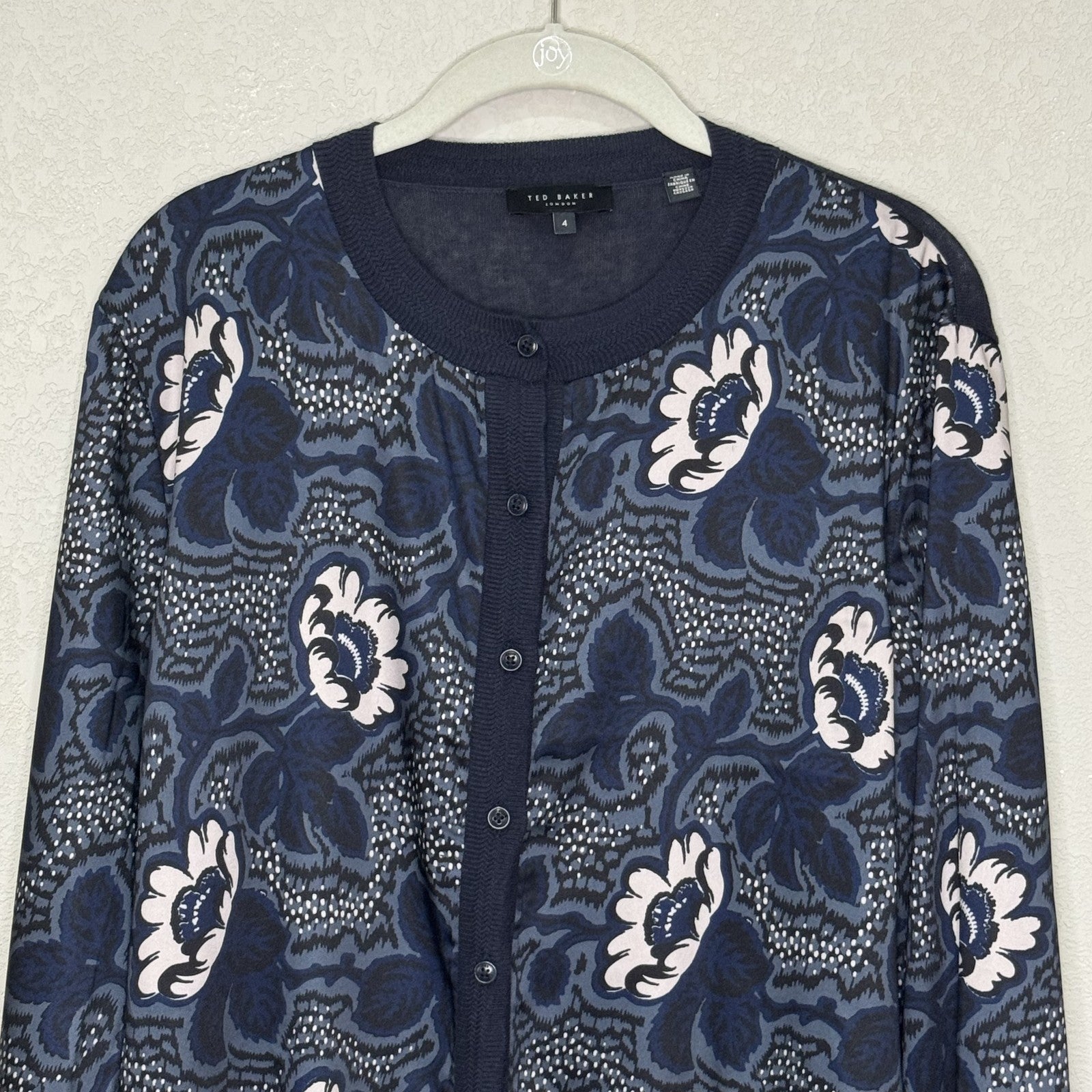 Ted Baker Sweater Womens 10 (TB 4) Floral Button Front Cardigan Long Sleeve - Flair - Style