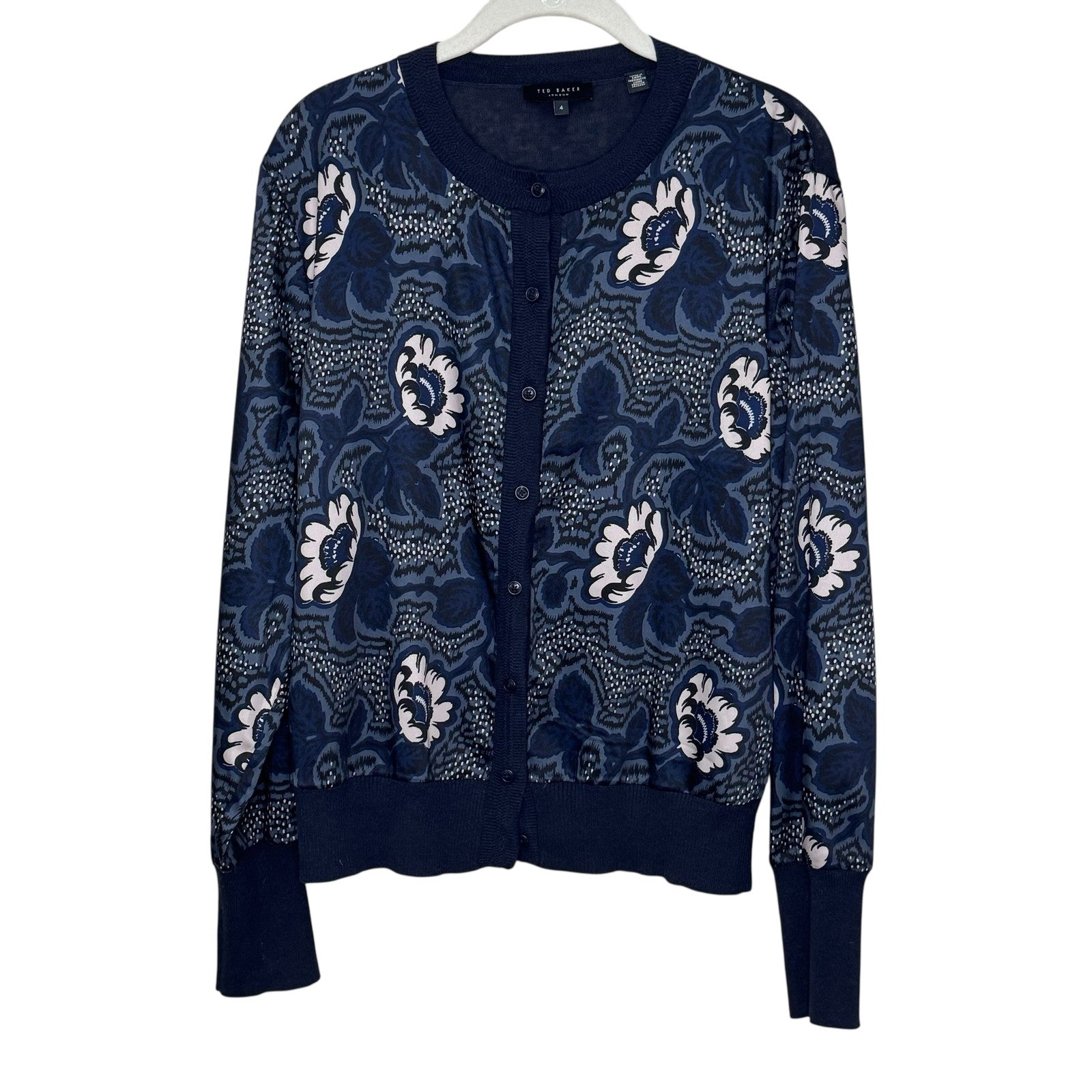 Ted Baker Sweater Womens 10 (TB 4) Floral Button Front Cardigan Long Sleeve - Flair - Style