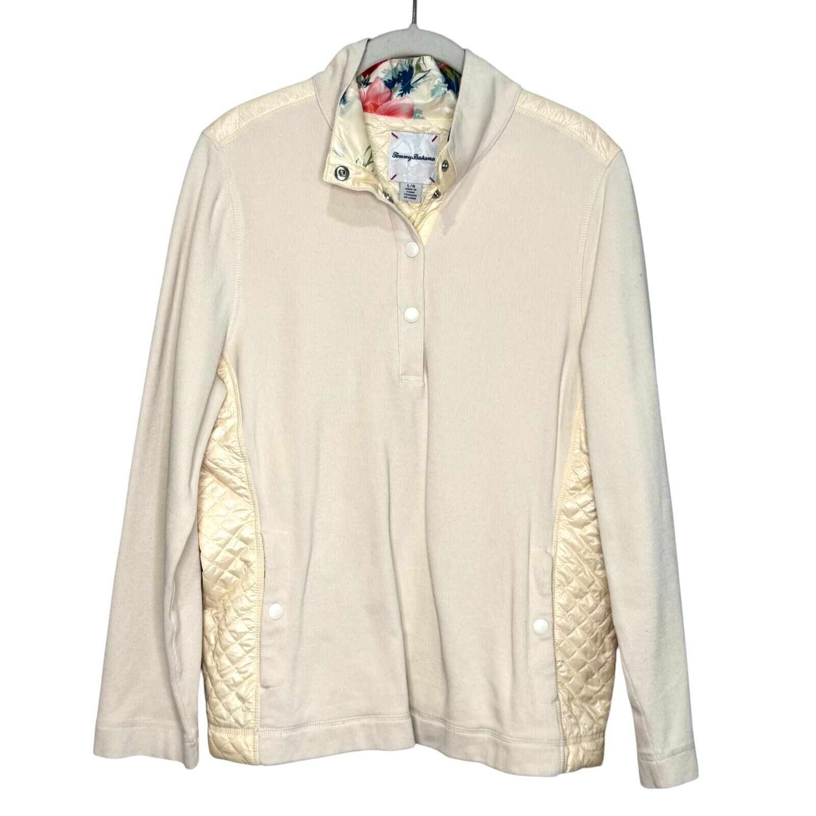 Tommy Bahama Sweatshirt Pullover Size Large Ivory Aruba Quilted Half Snap Knit - Flair - Style