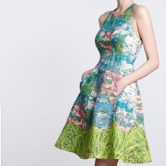 Tracy Reese Dress Size 12 Impressionist Monet Floral Fit Flare Silk Linen Lined - Flair - Style