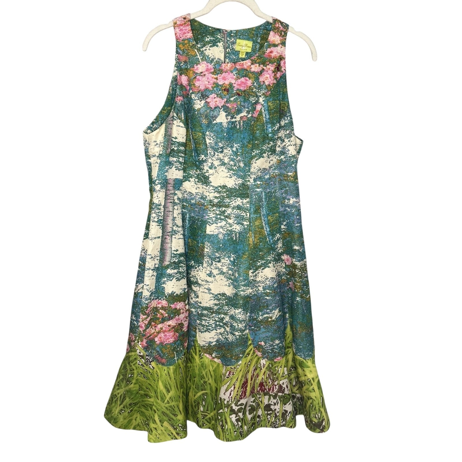 Tracy Reese Dress Size 12 Impressionist Monet Floral Fit Flare Silk Linen Lined - Flair - Style