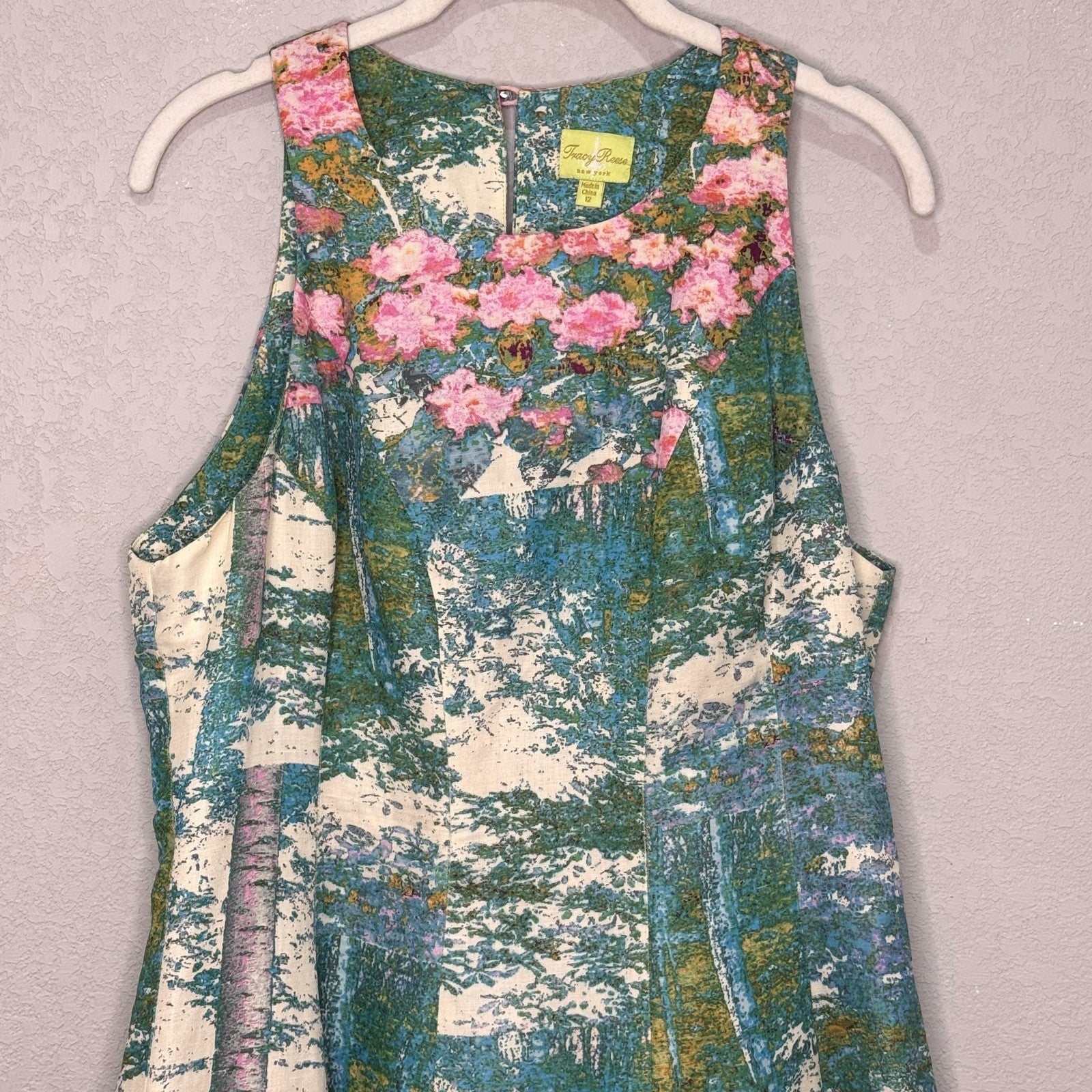 Tracy Reese Dress Size 12 Impressionist Monet Floral Fit Flare Silk Linen Lined - Flair - Style
