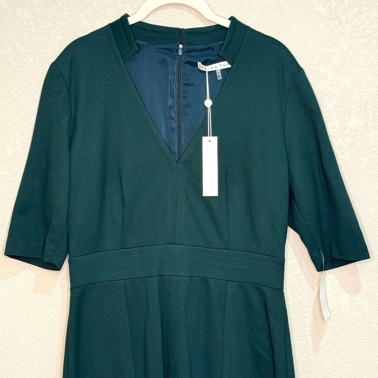 Trina Turk Dress Size 10 NEW Green V - Neck Half Sleeve $328 - Flair - Style