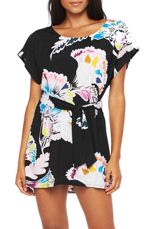 Trina Turk Seychelles Tunic Swim Cover Up Dress Small Black Floral Belted Resort - Flair - Style