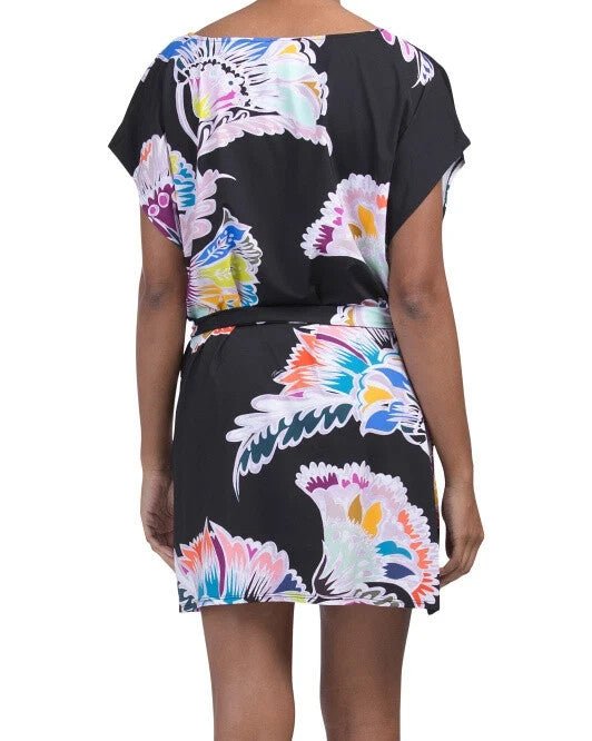 Trina Turk Seychelles Tunic Swim Cover Up Dress Small Black Floral Belted Resort - Flair - Style