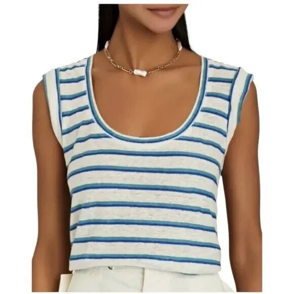 Veronica Beard Arion Shirt Size XS Linen Scoop Neck Top Stripe Blue White - Flair - Style