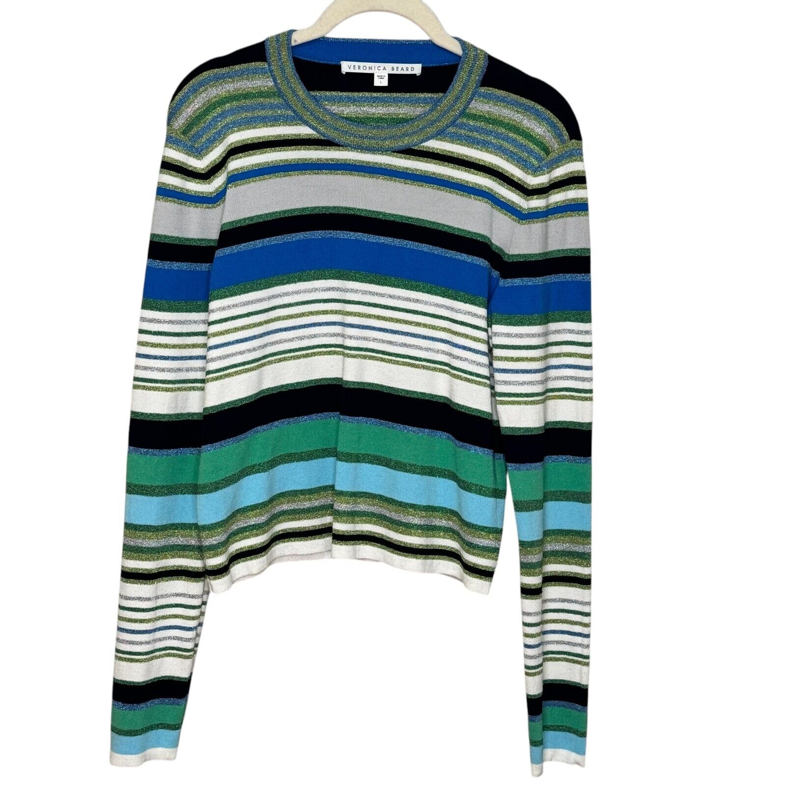 Veronica Beard Sweater Size Large Palma Blue Green Metallic Stripe Long Sleeve - Flair - Style