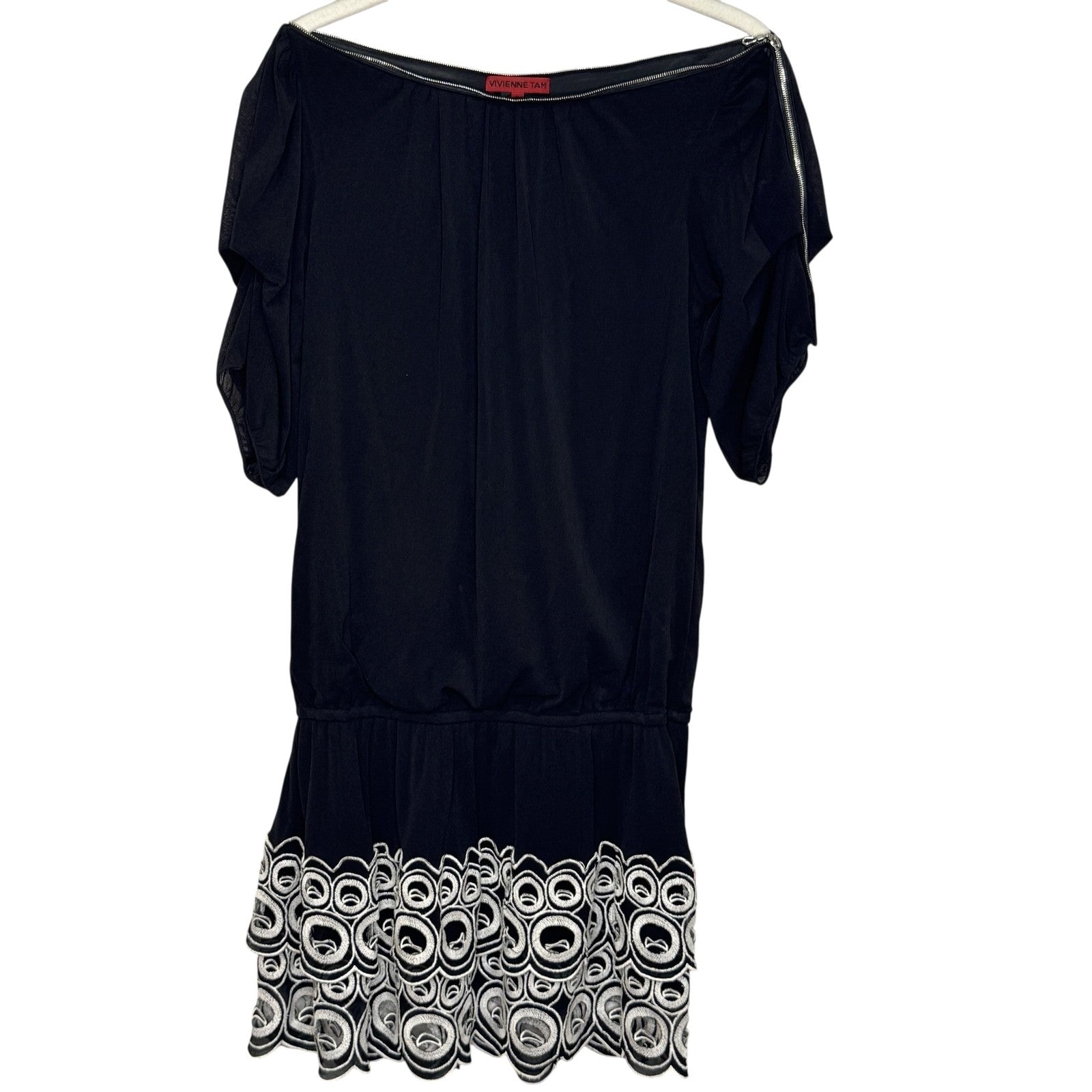 VTG Vivienne Tam Dress Y2K Petite Embroidered Zipper Trim Neckline Size 2 - Flair - Style